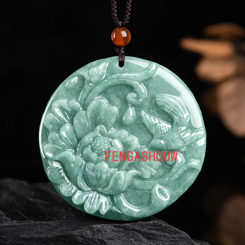 

Natural Emerald Bean Green Hand-carved Peony Magpie Pendant Charm Jewellery Necklace for Women Men Fashion Accessies Amulet