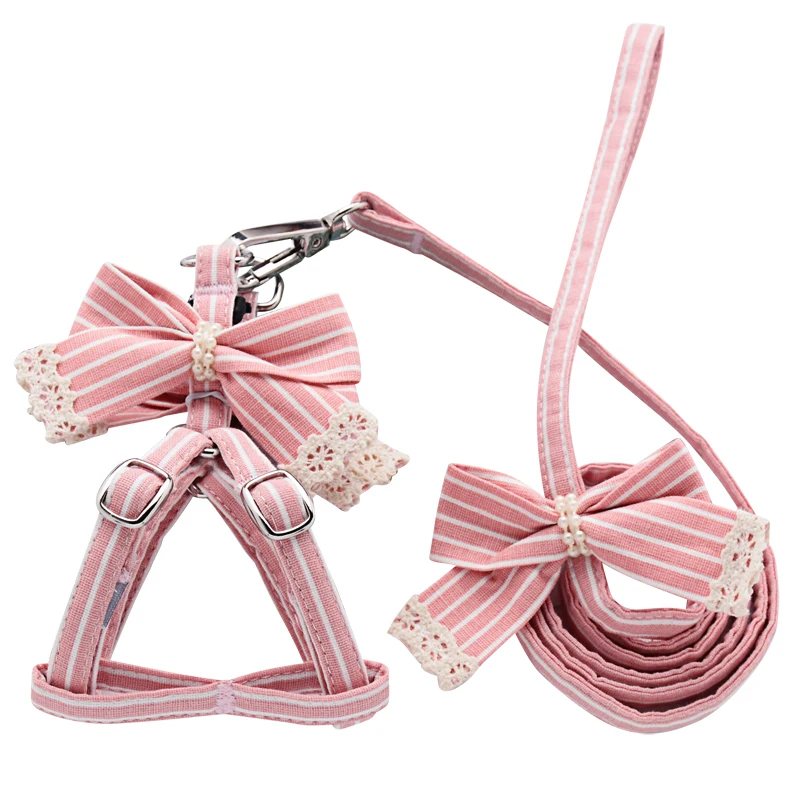 Pink Stripe Dog Collars And Harnesses Cotton Bows Girl Boy Pet Leash Set Outdoor Walking For Pitbull Chihuahua S M Accessories