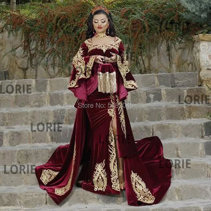 Lorie Marokkaanse Caftan Arabische Avondjurk Met Afneembare Train Applicaties Gold Lace Lange Mouwen Mermaid Fluwelen Prom Partij Jassen