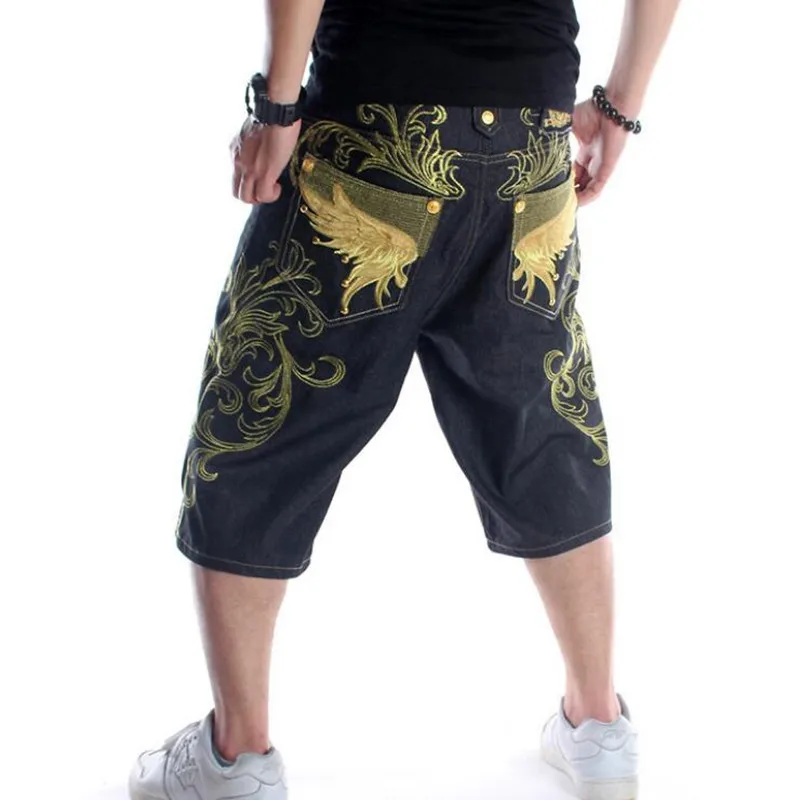 Loose Denim Shorts Men's Youth Hip-hop Character Embroidery Medium Pants Tide Fashion Summer Trousers Jeans