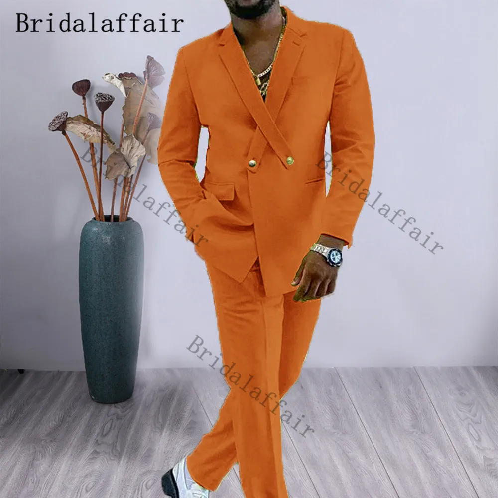 

Bridalaffair Cross Lapel Design Men Suit Orange 2 Pieces Male Jacket Pants Custom Fashion Groom Wedding Suit Tuxedo Blazer set