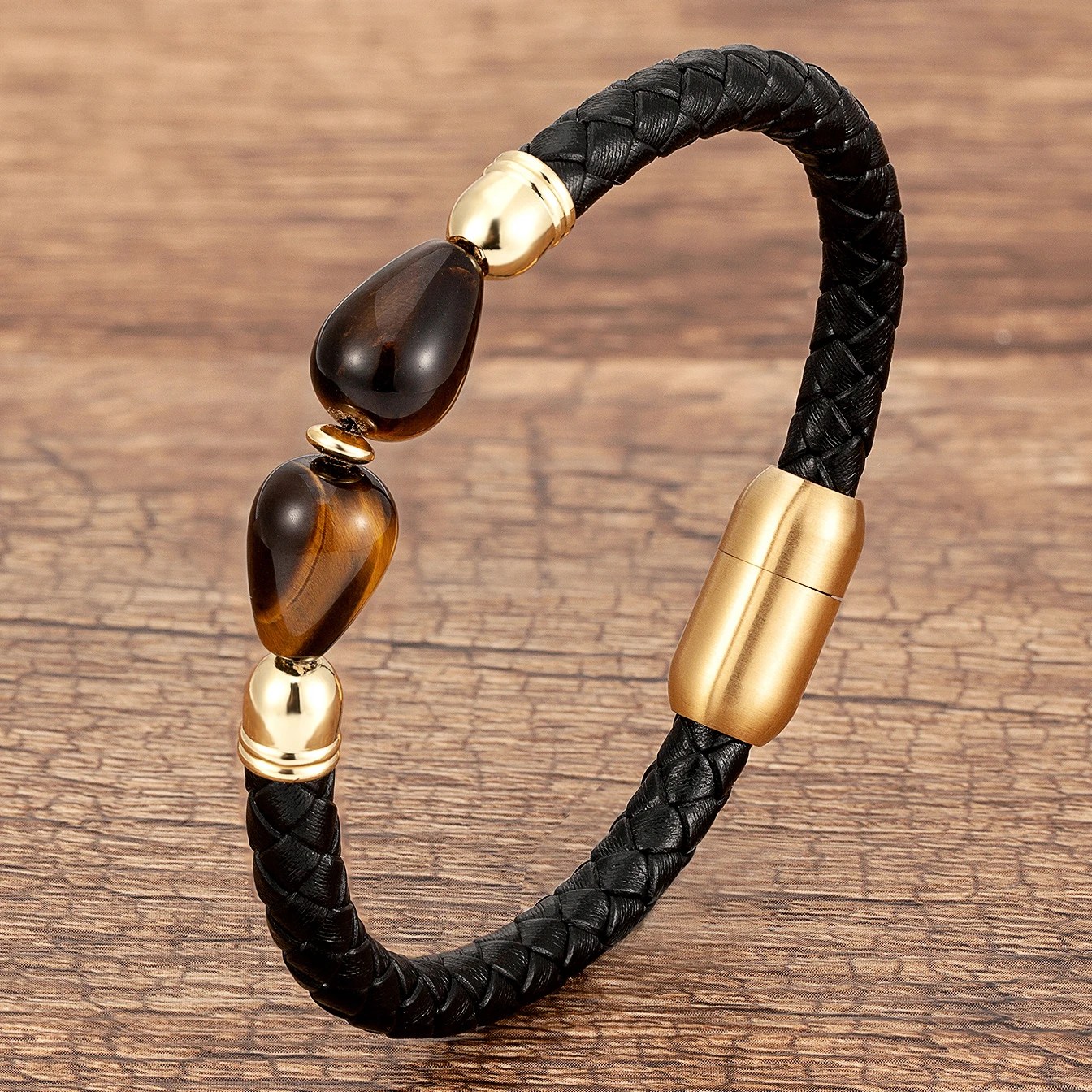 Newest Design Genuine Leather Charms Bracelets For Women Stainless Steel Magnetic Clasp Simple Natural Stone Bracelet & Bangle