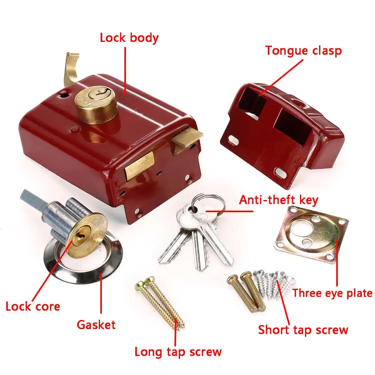 Old Cast Iron Anti-theft Exterior Door Lock Classic Nostalgic Red Door Lock Multiple Safety Lock Wood Door Lock Safety