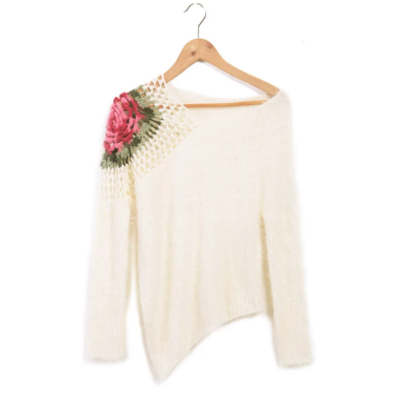 Fashion Autumn Women's V-neck Sweater Strapless Handmade Crochet Flower Sweater Bat Sleeve Long Sleeve Casual Girl Pullover Coat