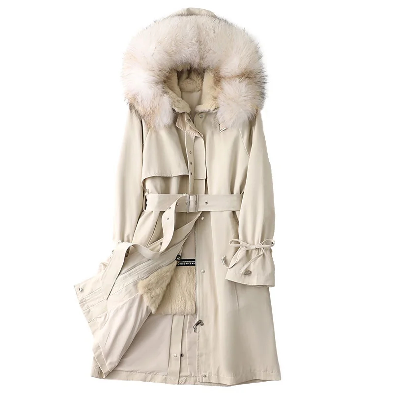 

European Winter Parkas Coat Raccoon Fur Hoody Rabbit Lining Women Warm Long Outerwear LF21022KQN