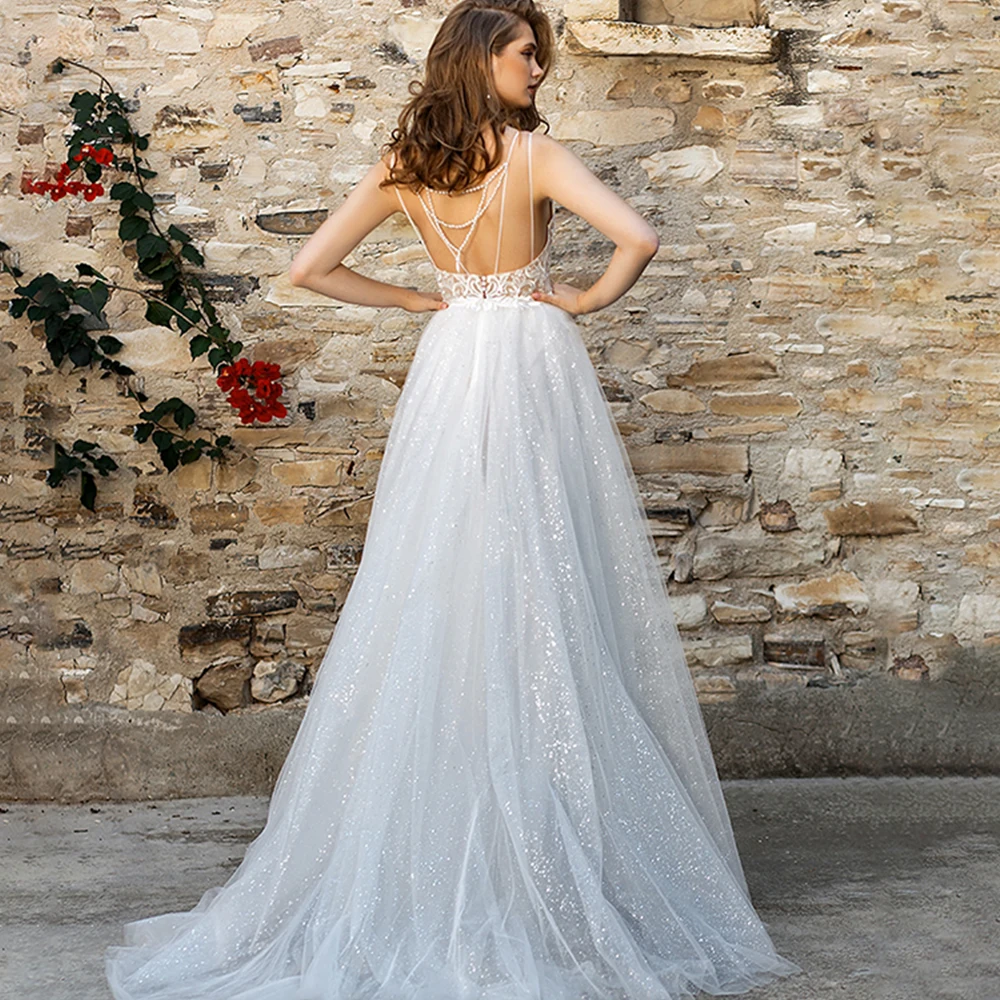 Vestidos de novia de tul brillantes, con tirantes finos, abertura alta, Espalda descubierta, cuentas de lujo, borlas, fotografía de encaje de gran tamaño