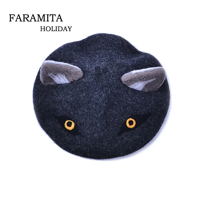 Faramita Holiday Individuality Werewolf Gothic Women Girls Boys French Berets Wolf Handmade Painter Hats Ears Wool Headwear