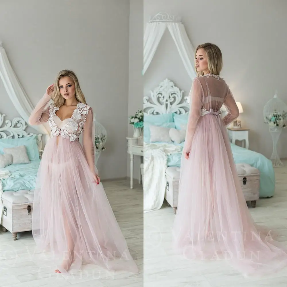 Blush Pink V Neck See Through Night Robes Custom Made Long Sleeves Lace Floral Applique Nightgowns Robes Women Sleepwear