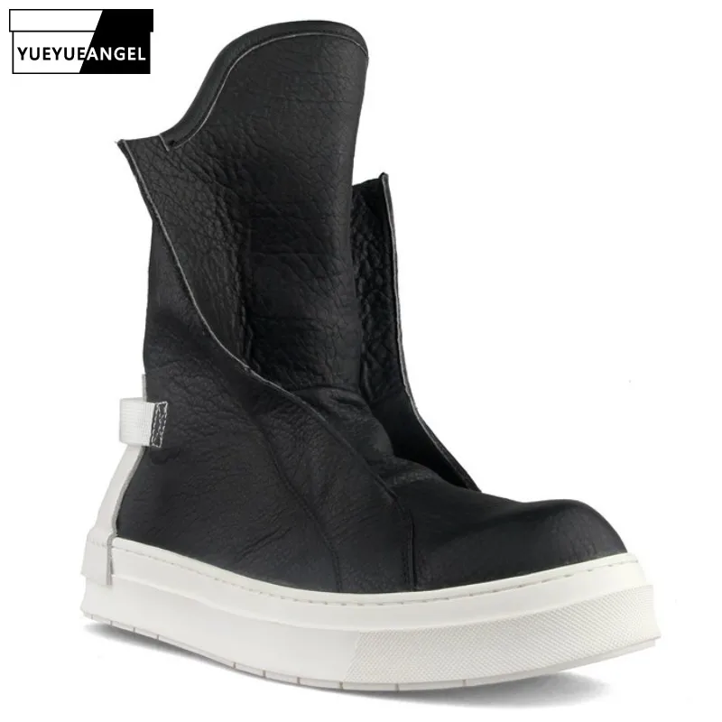 Men High-Top Casual Shoes Designer Slip-On Genuine Leather Platform Boots Winter Black Sneakers Personality Safety Work Boots