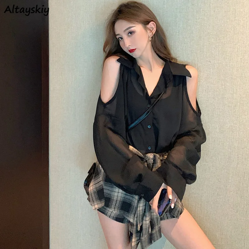 Shirts Women Hollow Out Solid Summer 2021 New Fashion Chic Casual Trendy Turn-down Collar See-through Cozy Stylish Ulzzang Ins