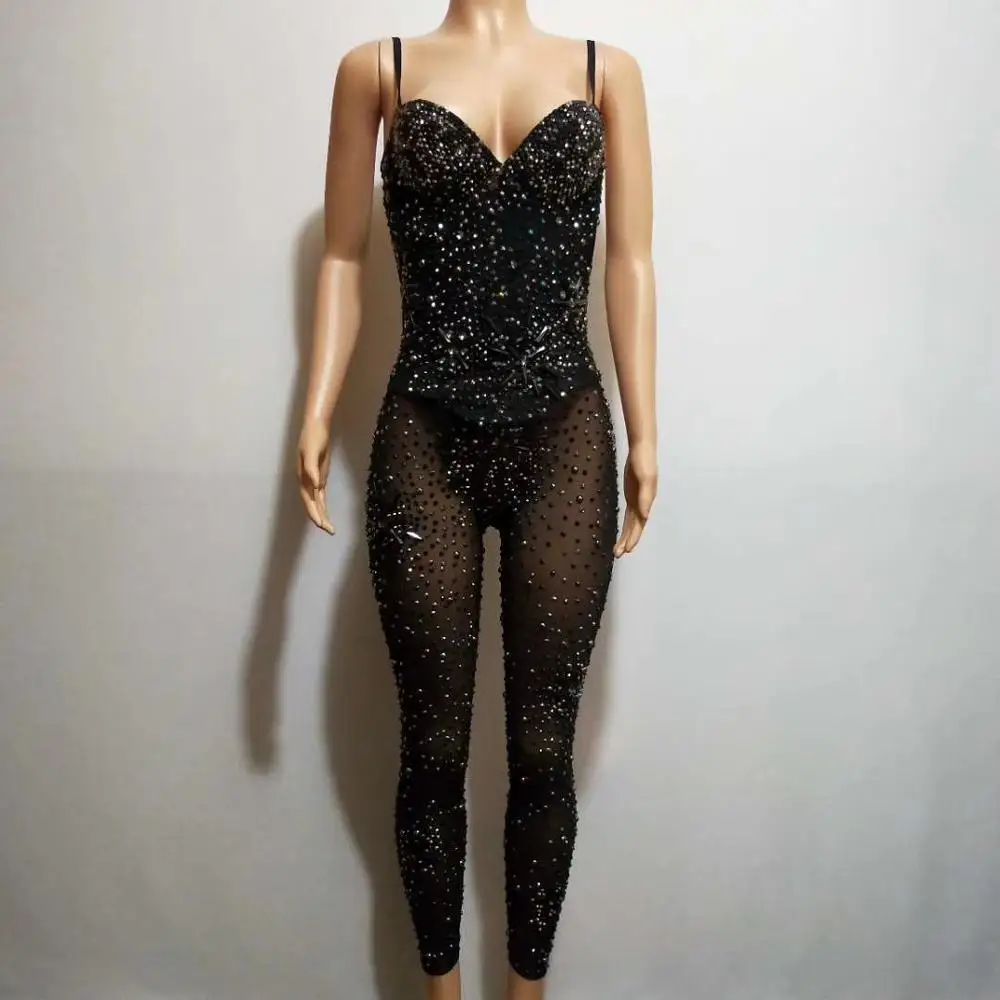 Seksi Klub Melihat Melalui Rhinestones Jumpsuits Hitam Elastis Celana Ketat Jazz Dance Baju Pesta DJ Penyanyi Kinerja Romper