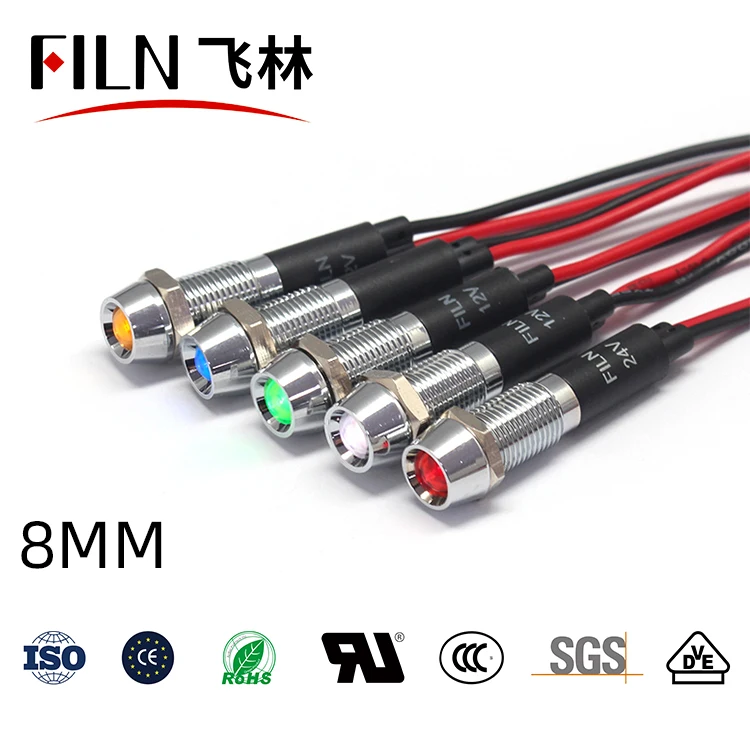 

FILN 8mm mounting hole IP67 waterproof 12v 24v 220v 110v pilot lights long-life led indicator light with cable