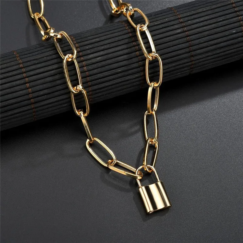 Simple Rock Choker Lock Necklace Layered Chain On Neck With Lock Punk Jewelry Mujer Key Padlock Pendant Necklace For Women Gift