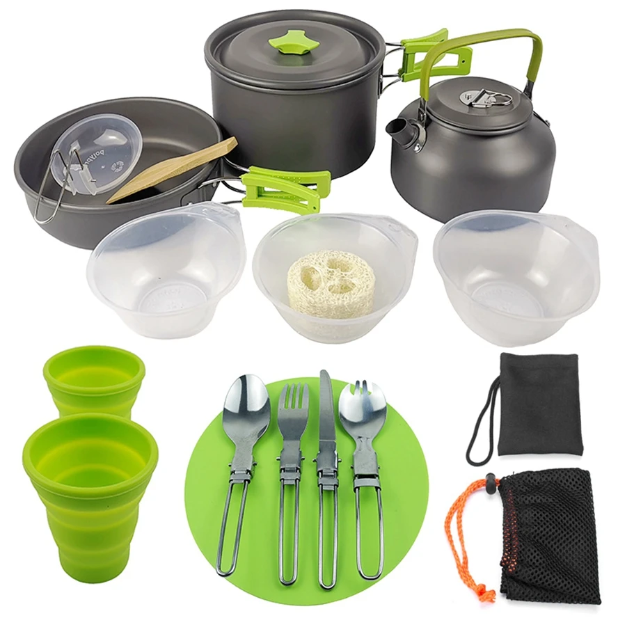 Portable Ultra-Light Camping Cookware Outdoor Tableware Camping Pan Kettle Set Hiking Folding Picnic Tools for 2-3 Persons