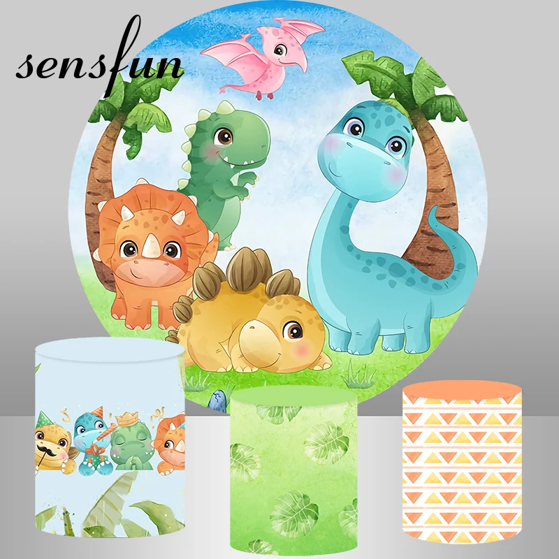 Sensfun Cute Cartoon Dinosaur Party Round Backdrop Cover Kids 1st BirthdayCircle Photography Background Plinth Covers Custom