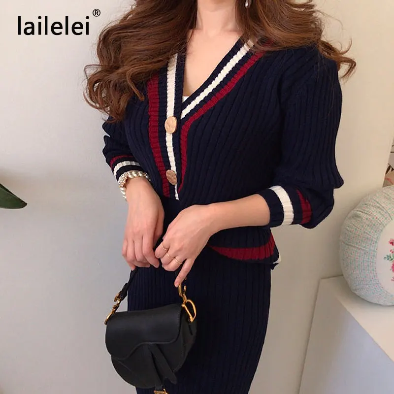 Chic bump color stripe edge v-neck knitting cardigan skirts two-piece outfit