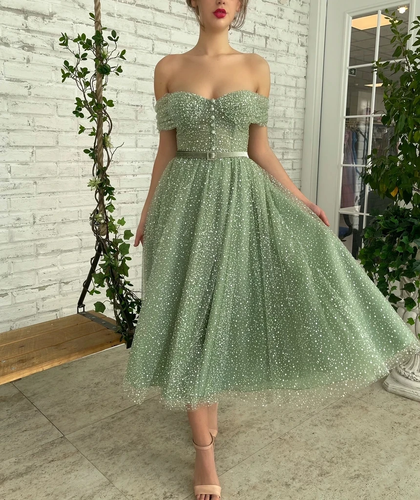 

Sparkle Moroccan Prom Dresses A-line Off The Shoulder Ankle Length Tulle Sequins Robe De Soiree Prom Gown Evening Dresses