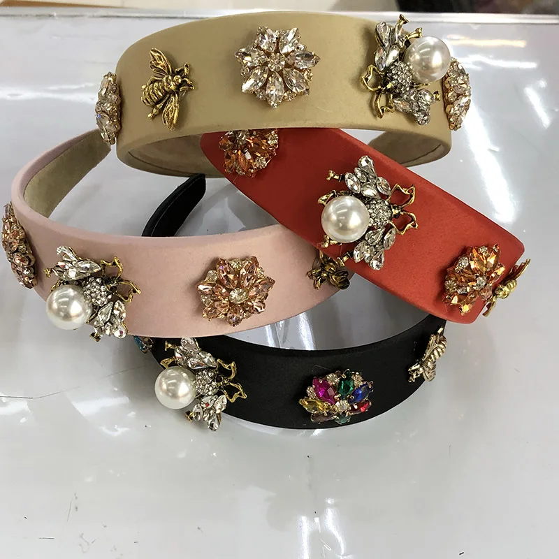 Baroque Big Rhinestone Headband Hairband for Women Girls Metal Bee Beads Flower Head Hair Accessories