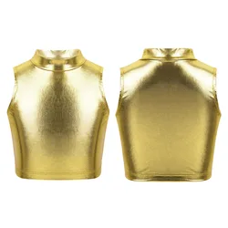 Kinderen Meisjes Ballet Dans Tops Mouwloos Glanzend Metallic Coltrui Tank Crop Top Vest Jazz Dansvoorstelling Workout Kostuum