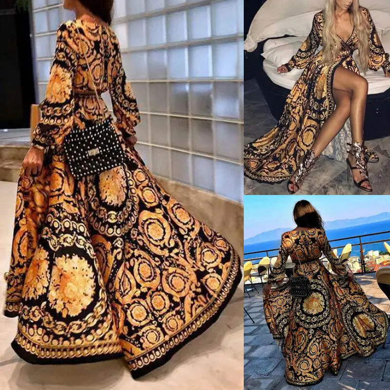 Ladies Women Elegant Sexy Long Sleeve Ethnic Style Boho Print V Neck High Waist Party Beach Holiday Casual Split Maxi Dress