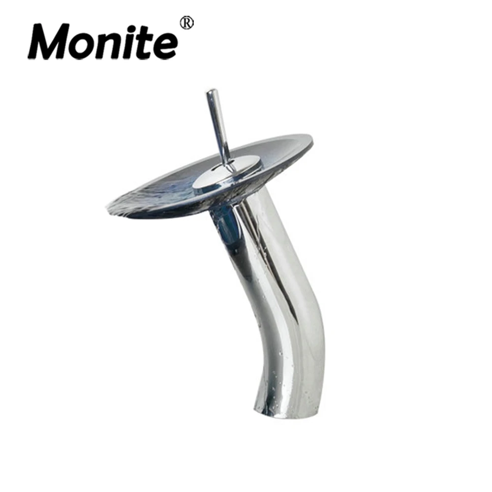 Monite Stainless Steel Chrome Polish Round Glass Bathroom Sink Rocker Handle Water Tap Waterfall Faucet Bathroom Basin Mixer Tap