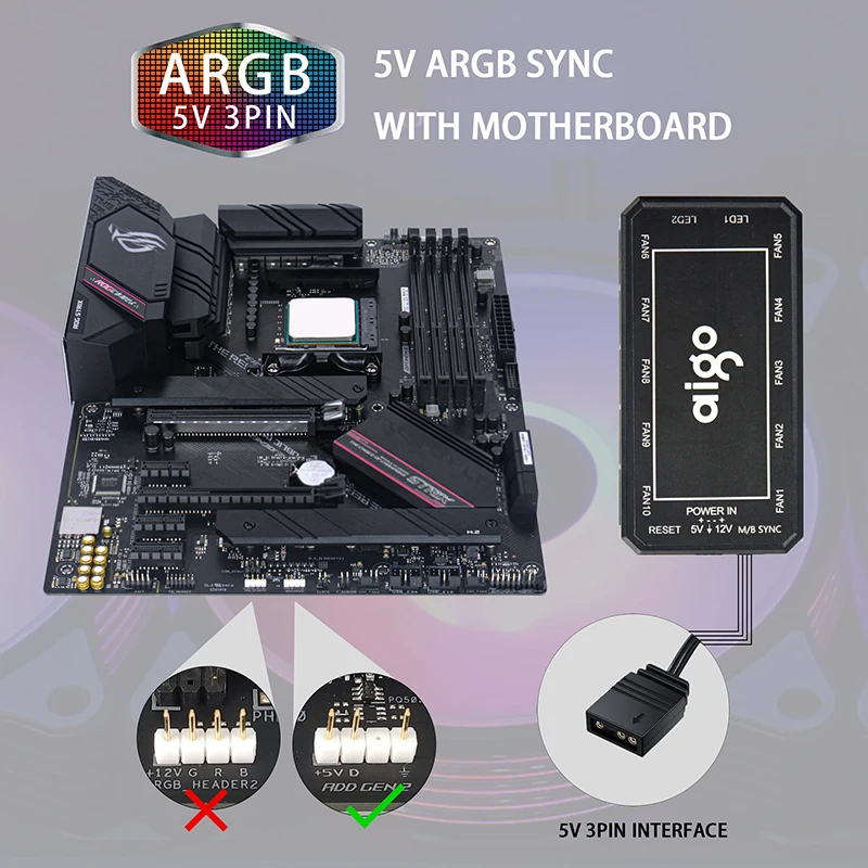 Aigo AR12 120mm PC Case Fan – RGB Heatsink, Aura Sync, SATA Port, Silent Controller, ARGB Cooling Fan 5
