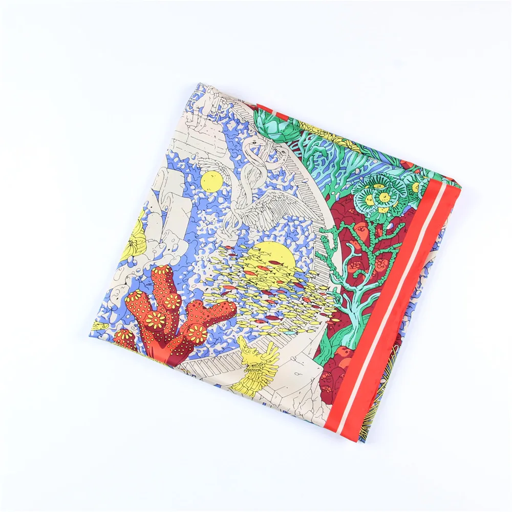 Sciarpa di seta Twill arrotolata a mano manuale donna Ocean City stampa sciarpe quadrate Echarpes Foulards arricciati Femme Wrap Bandana Hijab 90CM