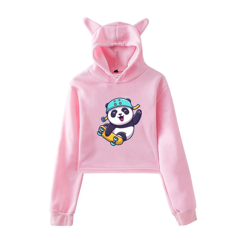 

Animals Boba Tea Pink Cropped Hoodies Women Panada Cat Fox Pullovers Girls Lady Harajuku Fashion Tops Kawaii Cartoon Sweatshirt