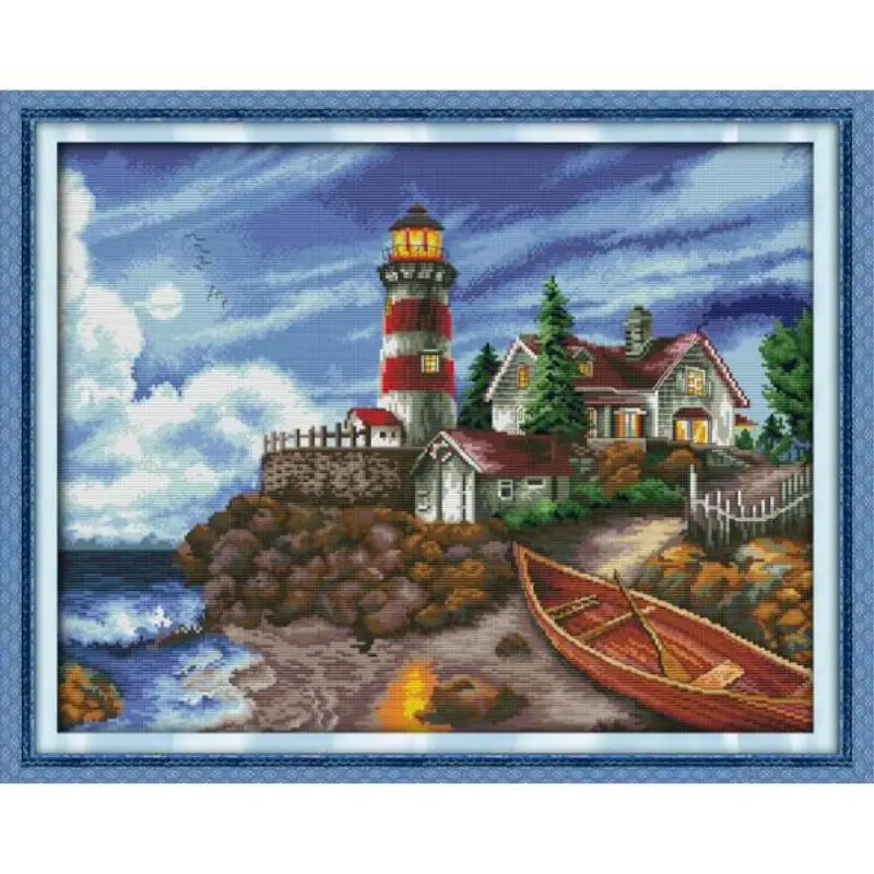 Seaside Lighthouse Scenery Series Cross Stitch Kits 14CT 11CT Canvas Printing Embroidery Set Needlework Home Decoration Painting