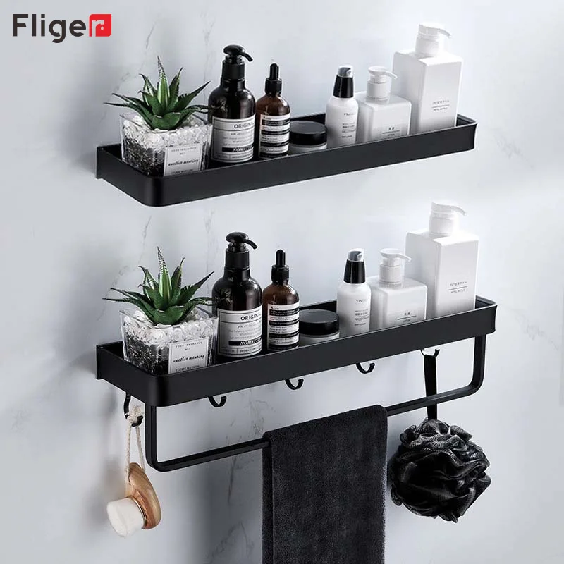 Fliger Black Bathroom Shelf Shampoo Holder 30/40/50cm Kitchen Storage Rack Towel Bar Robe Hook Bathroom Hardware Space Aluminum