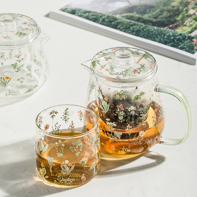 Ins Popular Tea Cup Teapot Set Floral Printed Home Office Use Glass Drinkware Sets Japan Simple Style