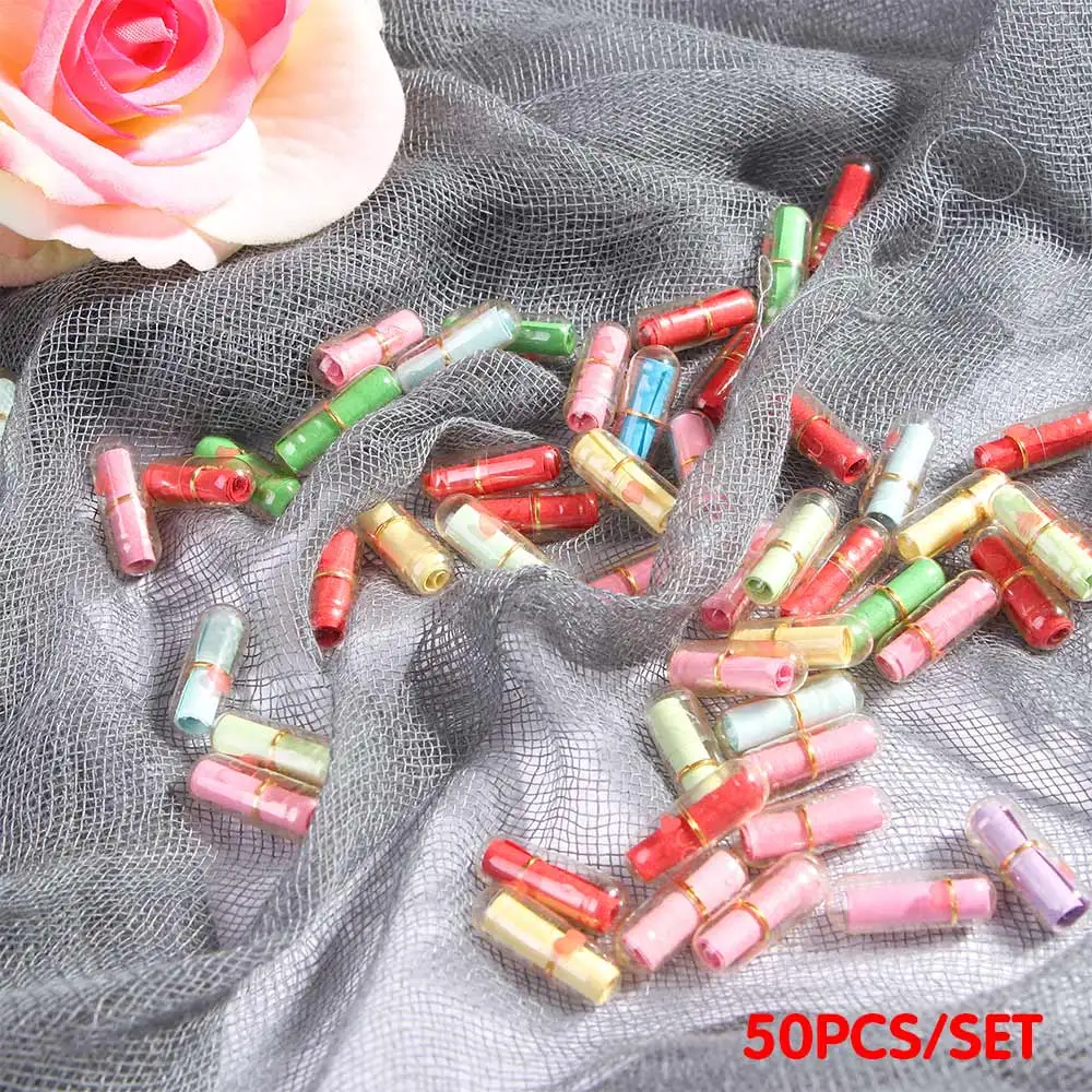 Cápsula de Mensagem Transparente Forma do Coração, Comprimidos Bonitos, Mini Rolo De Papel De Carta, Multi-Color, 50pcs