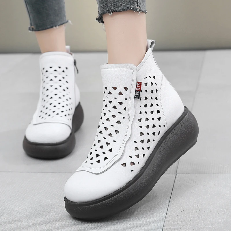 GKTINOO New Genuine Leather Wedge Ankle Boots For Women Summer Platform Shoes Retro Hollow Out Back Zipper Breathable Cool Boots