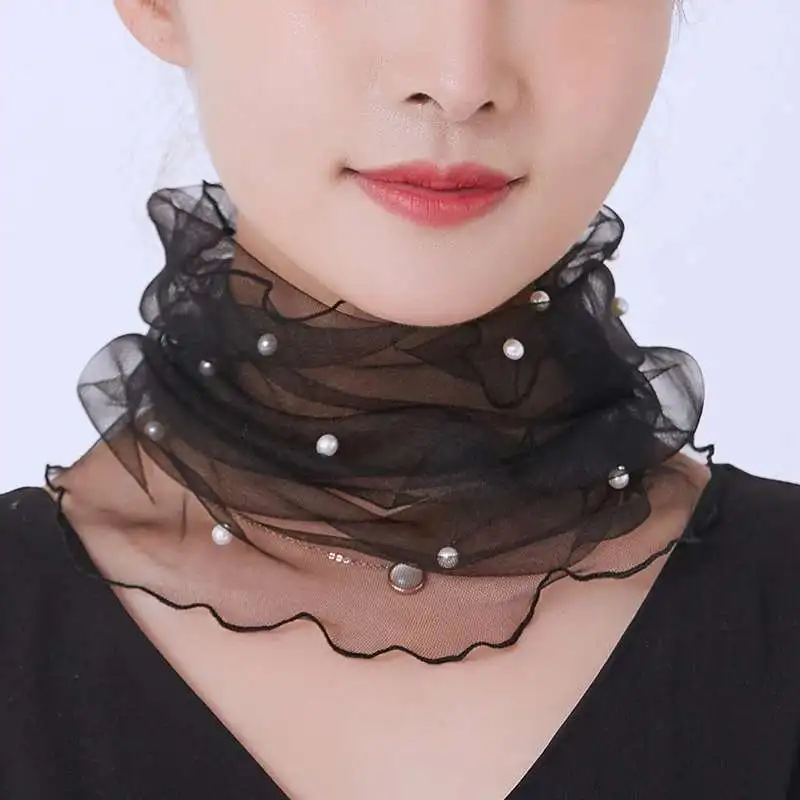 Korean Women\'s Mesh Elastic False Collars Neck Protective Sleeves Headwear Bib Summer Lace Pearl Thin Sunscreen Scarf P55