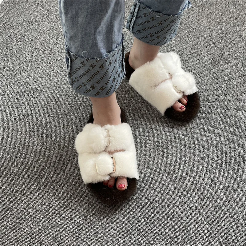 European Station Ladies Fur Slippers 100% Real Mink Slippers Ladies Fur Slippers Flat-Heel Fashion Luxury Slippers