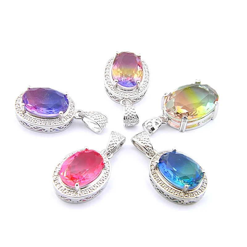Big Offer MIX 5 PCS Holiday Gifts Rectangle Cut Fire Rainbow Bi-Colored Tourmaline Gemstone Necklaces Pendants