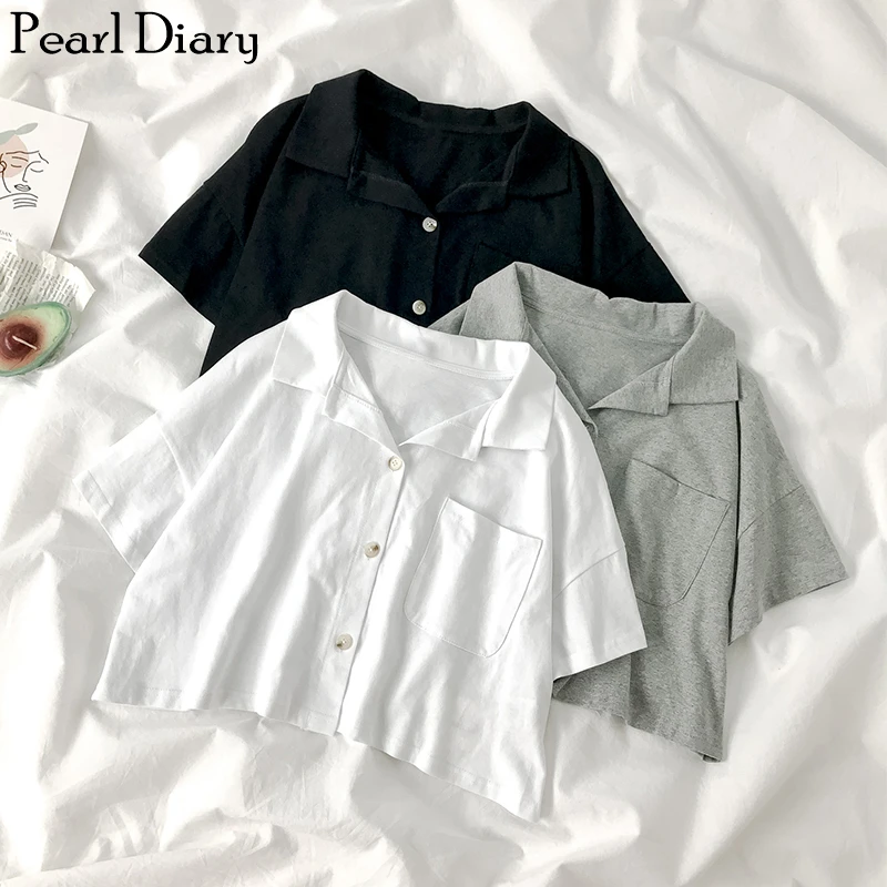 

Pearl Diary Women Knit Cropped Polo Shirts Female Button Front Short Top Summer Streetwear Casual Polo Pocket Plus Size Shirt