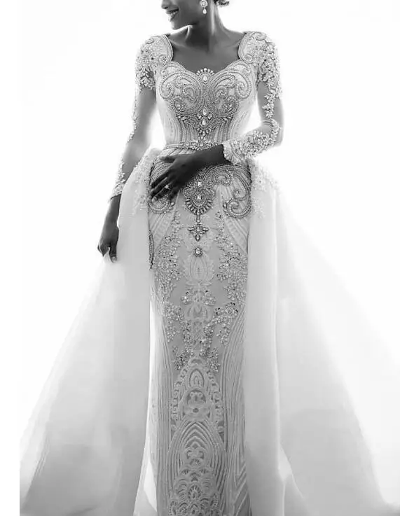 

Real Sample Heavy Crystals Beading African Lace Wedding Dresses Luxury Long Sleeves Detachable Train Bridal Gowns