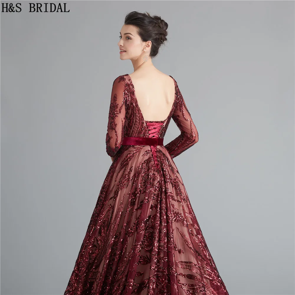 Burgundy แขนยาวชุดราตรีเลื่อม Backless ชุดราตรียาวชุดราตรีชุด Robe de Soiree อย่างเป็นทางการ