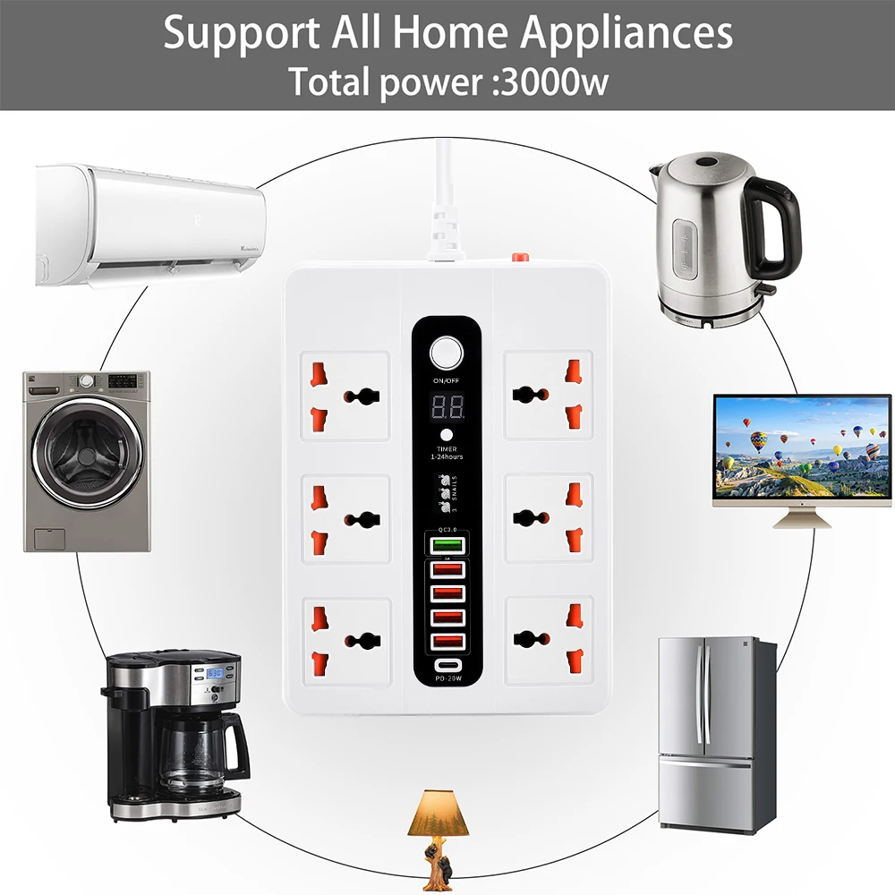 PD QC3.0 Fast Charger USB Power Strip With Switch Universal 6  AC Jack Extension Socket With Timer Socket 3000W