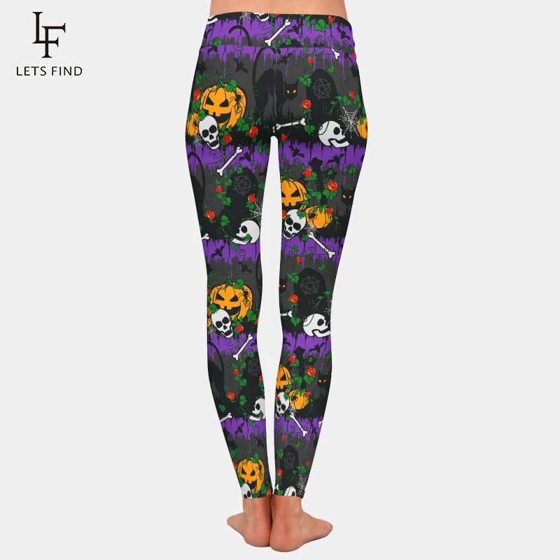 LETSFIND Gothic Halloween cimitero rose rosse con zucche e stampa gatto pantaloni caldi da donna Leggings Slim a vita alta