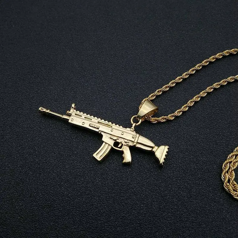 Punk Style Hiphop Gun Weapon scar Rifle Gun Pendant Chain Necklace Men Party Wearriing Golden Color Necklaces