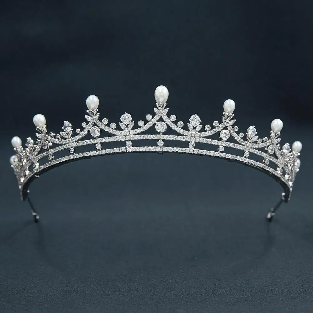 Cubic Zirconia Royal Tiara for Wedding,Pearl Princess Tiaras Diademe for Bride Hair Jewelry CH10373