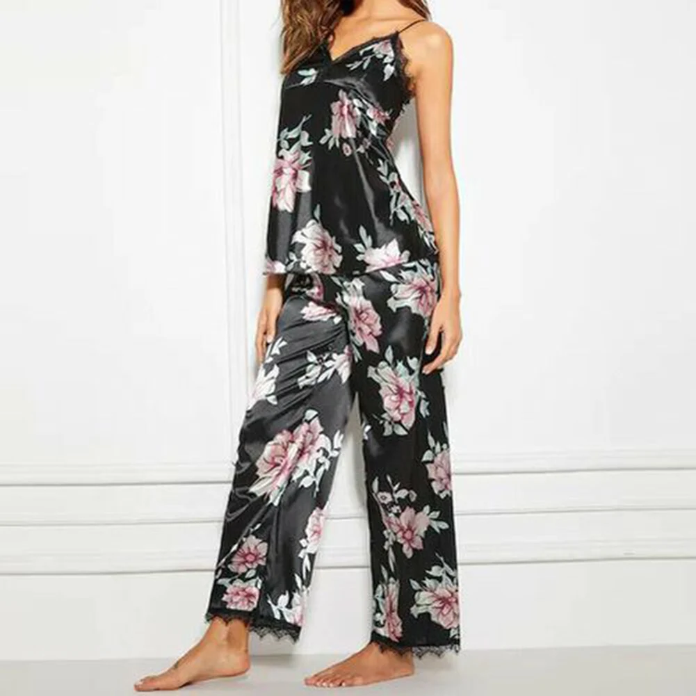 2Pcs Summer Sexy Pajama Sets Women Floral Print V-Neck Lace Vest Long Pants Sexy Sleepwear Women Night Gowns Women Pajama Sets