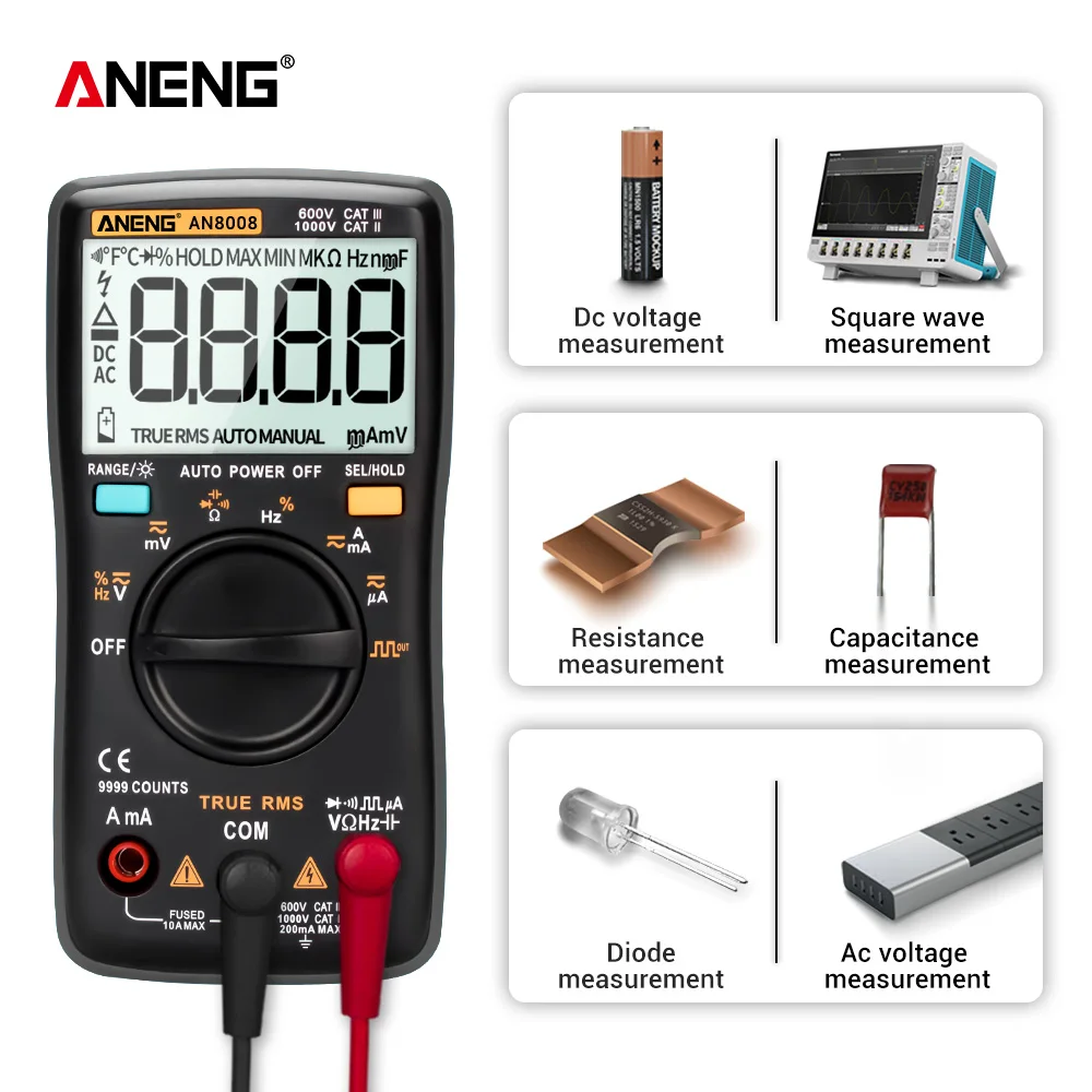 Digital Multimeter AN8008 9999 Counts Transistor True RMS Tester Auto Electrical Testers Voltage capacitor Power Meters Test