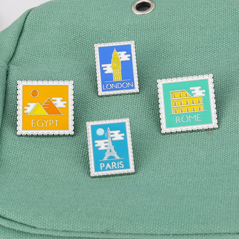 Fancy Album Alloy Badge Backpack Brooch LONDON PARIS ROME EGYPT Postage Stamp Travel Around the World Bag Lapel Pin Shirt Pin