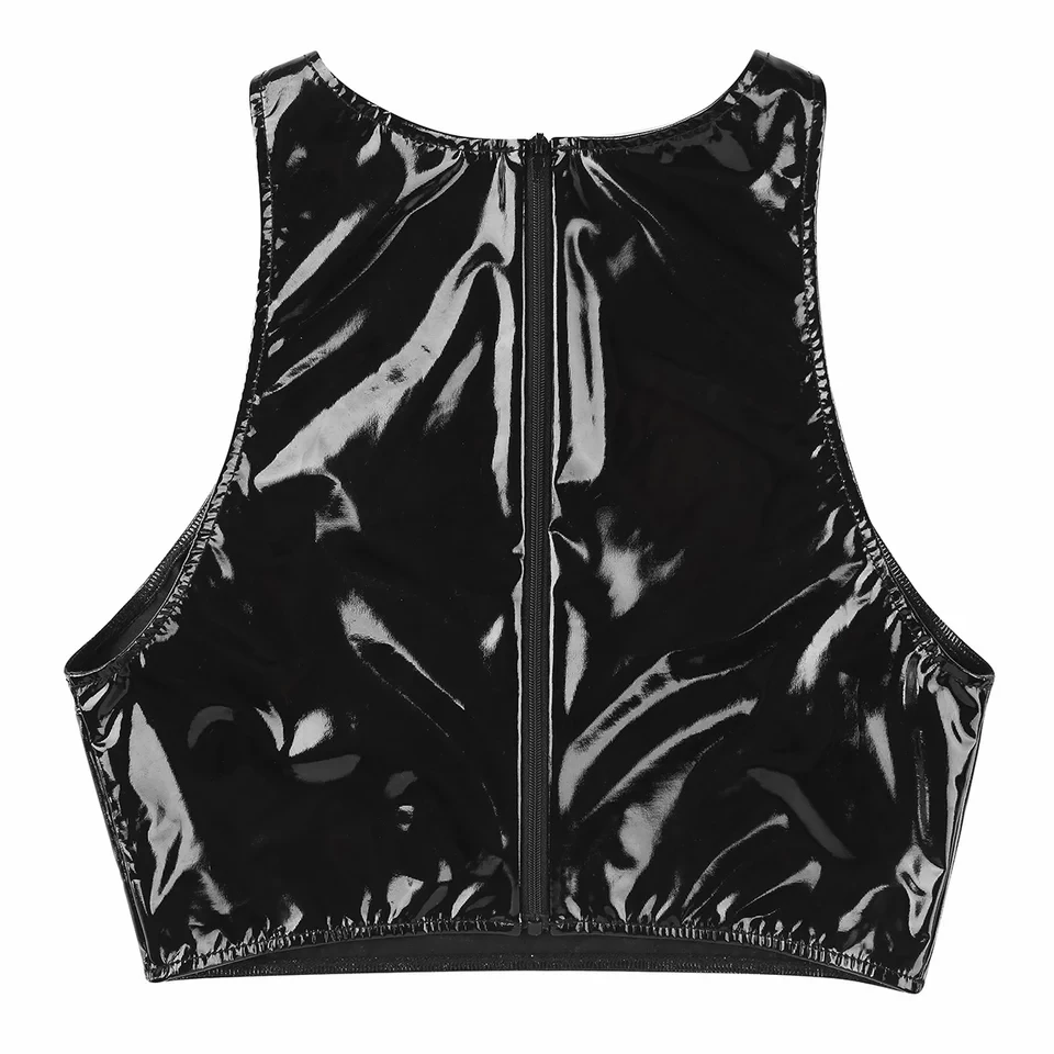 Top da donna Sexy in pelle lucida Wetlook aderente per sesso erotico caldo porno seno esposizione canotta lucido modellante gilet in lattice Sexi