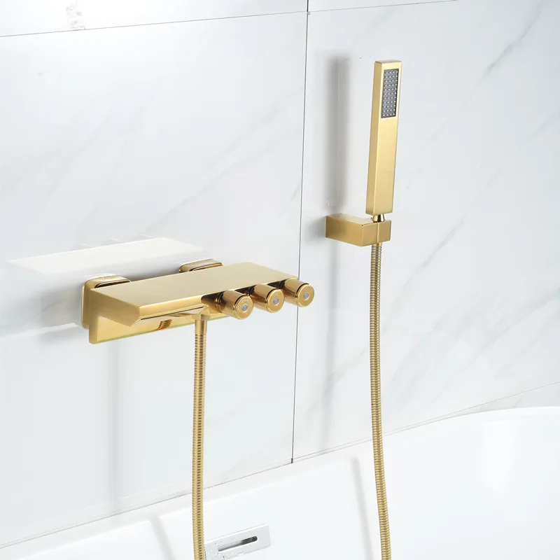 Gold Brass waterfall bathtub faucet shiny gold bath shower faucet hot and cold wall bath tap waterfall golden bath mixer kit