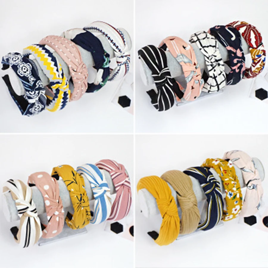 Women Elegant Top Knot Headband Print Dot Hairbands Girls Striped Plaid Flower Hair Hoop Fashion Hair Accessories FG0320