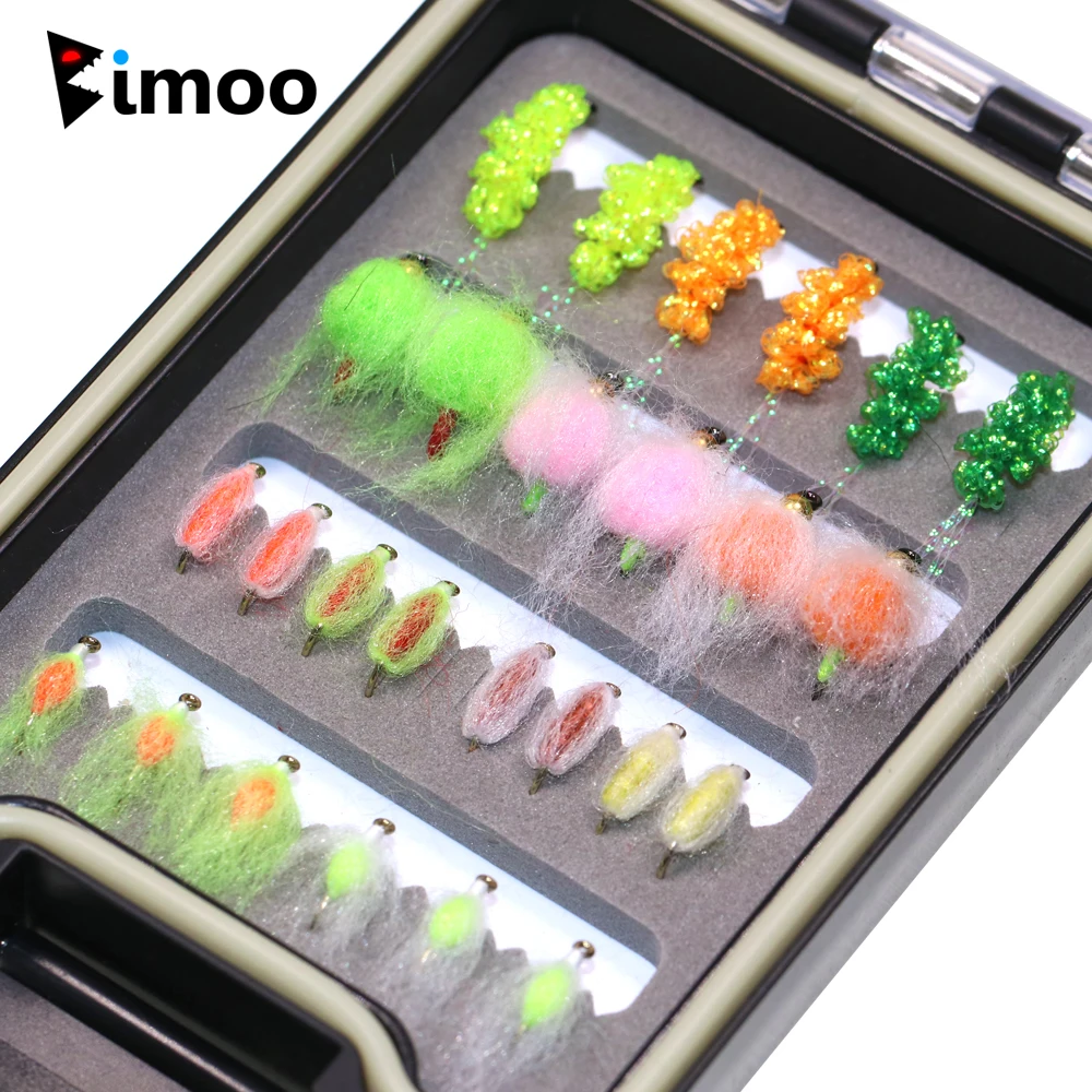 

Bimoo 26pcs #12 #14 UV Glow Salmon Egg Roe Fly with Brass Bead Trout Steelhead Fishing Flies Lures Box Set Orange Chartreuse Red